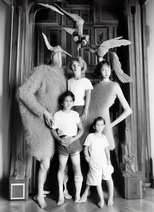 Prompt: realistic photo portrait of the family wearing fluffy shorts, beautiful symmetrical faces, standing in the wooden polished and fancy expensive interior room next to a wooden bird idol sculpture 1 9 9 0, life magazine reportage photo