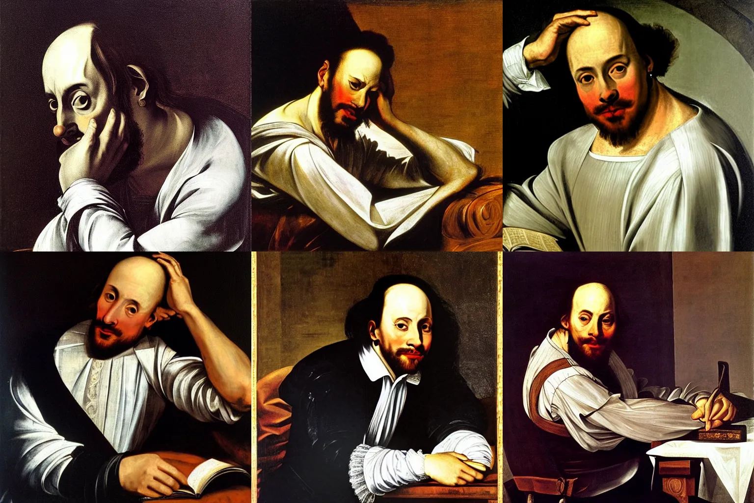 Prompt: William Shakespeare, holding his head in his hands, while sitting on a couch, painting by Caravaggio