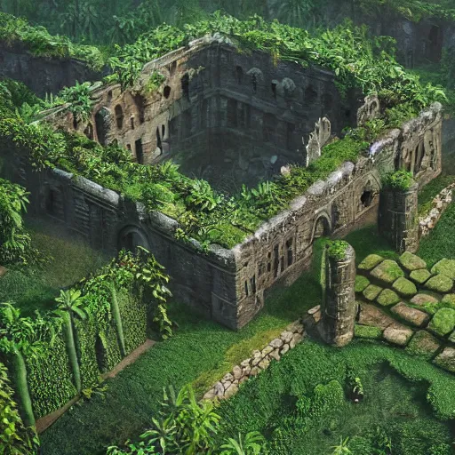 Image similar to giant ancient castle in an forest with some ivy plants on the walls, cinematic, epic, dramatic lighting from above, dark, vines, fantasy, dust, unreal engine, octane, highly detailed, concept art, dark, super realistic,