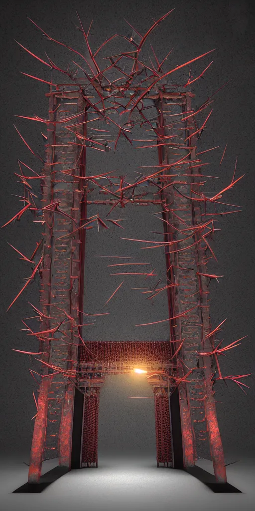 Image similar to 3 d photographic render of a torii gate sculpture, fractal chrometype, made of liquid metal, neotribal with thorns and thunders, cyberpunk japanese temple, raytraced, hyper realistic, volumetric lightning, 8 k, by zhelong xu, ouchh and and innate studio