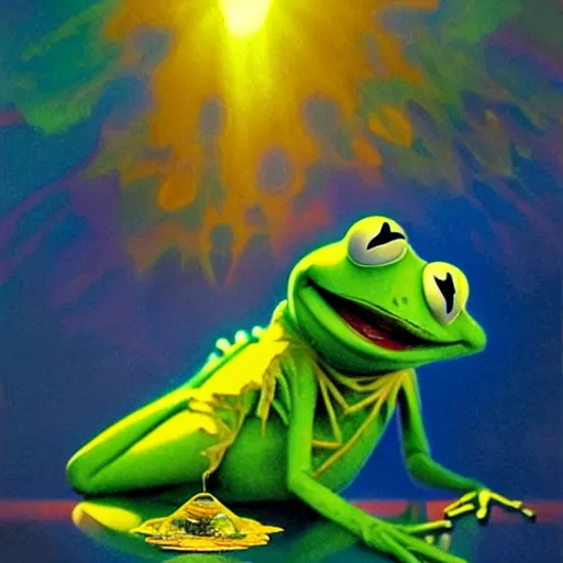 Image similar to transcendent kermit the frog, psychedelic indigo honey flowing like kaleidoscopic translucent amber, lsd waves, honey ripples, enlightenment, dramatic professional lighting, refracted sunset lighting, highly detailed, concept art, art by collier, albert aublet, krenz cushart, artem demura, alphonse mucha