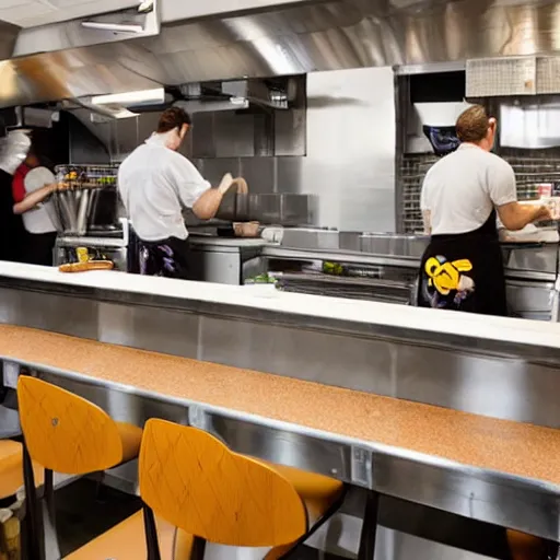 Image similar to busy wafflehouse interior with customers eating breakfast and wafflehouse employees serving food and cooking behind countertop