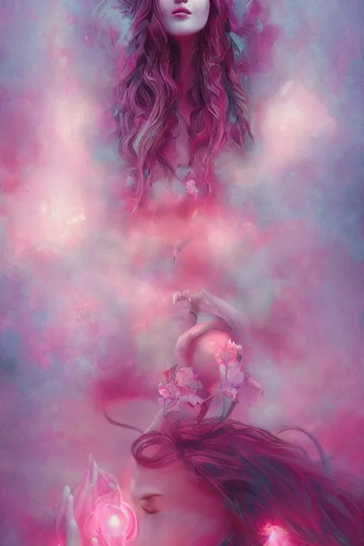 Prompt: Beautiful Goddess of Pink Vapor, digital art, fantasy, magic, professional illustration by Seb McKinnon, WLOP, and artgerm, illustration