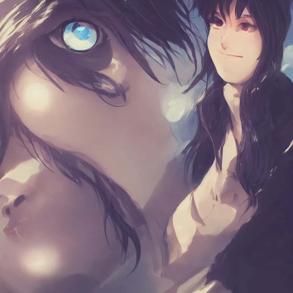 Prompt: fish eye lens close up of a man side eyeing the camera with a sympathetic look, style of makoto shinkai and artgerm and loish, dynamic lighting, trending on artstation, best of behance,