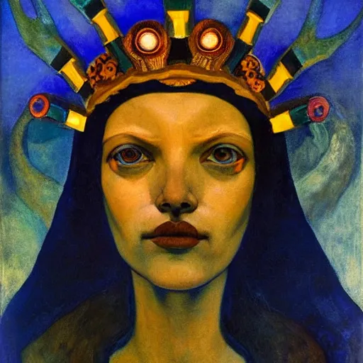 Image similar to the eyeball crown, by Annie Swynnerton and Nicholas Roerich and Diego Rivera, bioluminescent skin, elaborate costume, geometric ornament, symbolist, rich color, dramatic cinematic lighting, smooth, sharp focus, extremely detailed