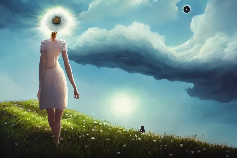 Image similar to giant white daisy flower head, girl walking on cliff, surreal photography, solar eclipse, milky way, dramatic light, impressionist painting, clouds, digital painting, artstation, simon stalenhag