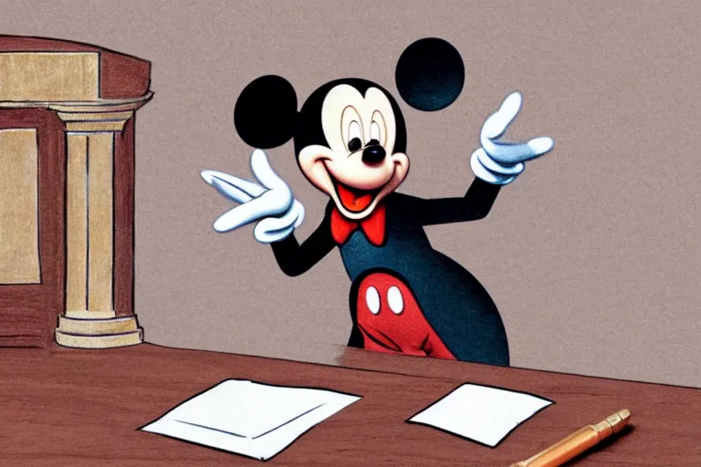 Image similar to detailed background courtroom sketch of vintage disney character mickey mouse presenting evidence of copyright infringement to the judge bench court room wooden serious dark tone