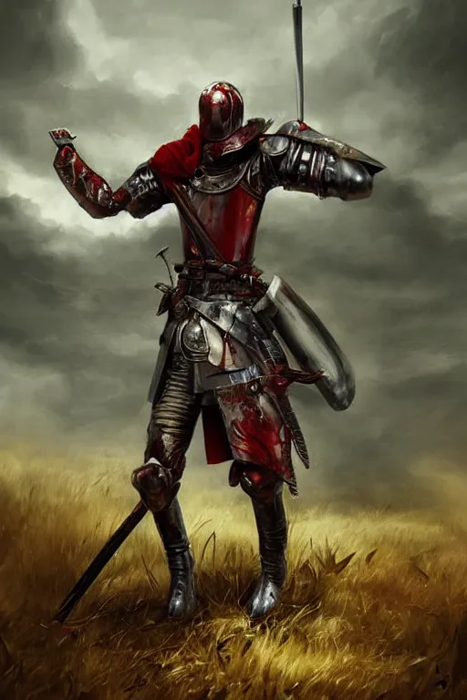 Image similar to aesthetic digital illustration of a wounded knight surrendering on the battlefield, by anne stokes | dirty and bloody, character concept, concept art, unreal engine, finalrender, centered, deviantart, artgerm