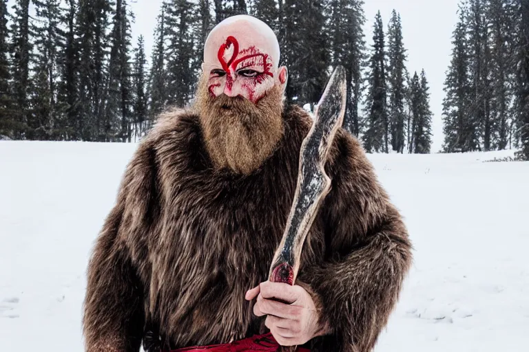 Image similar to vfx movie tough bald man in furs, natural grizzled skin, streaks of red face paint grey beard, holding two detailed viking axes, in snowy tahoe by emmanuel lubezki