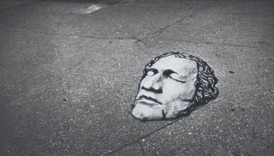 Image similar to 1 9 7 0 s movie still of the head of robespierre on the pavement, cinestill 8 0 0 t 3 5 mm, high quality, heavy grain, high detail, cinematic composition, dramatic light, anamorphic, ultra wide lens, hyperrealistic