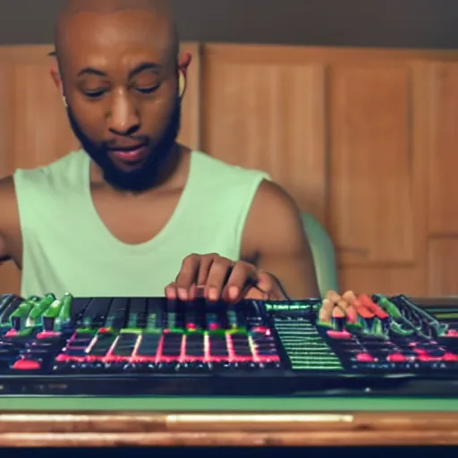 Image similar to film still of bipedal fresh vegetables making beats on an mpc