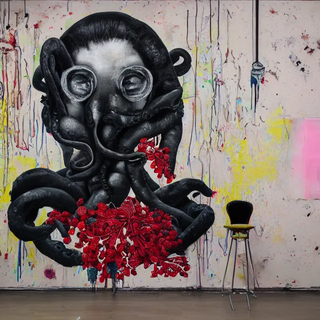 Prompt: empty room with black walls, a portrait of a female pathologist, octopus, mural, wilted flowers, squashed berries, neo - expressionism, surrealism, acrylic and spray paint and oilstick on canvas