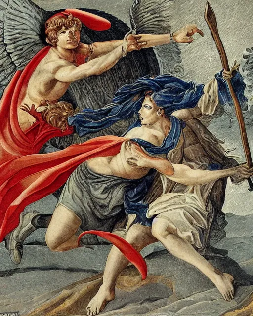 Image similar to devil fights angel, high detail, extremely detailed, very sharp, in the style of jost amman,