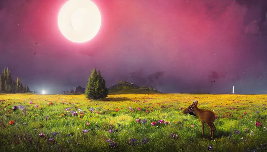 Prompt: solar eclipse in iceland, field with grass and colorful flowers, trees, deer, matte painting, art station, blue sky, simon stalenhag