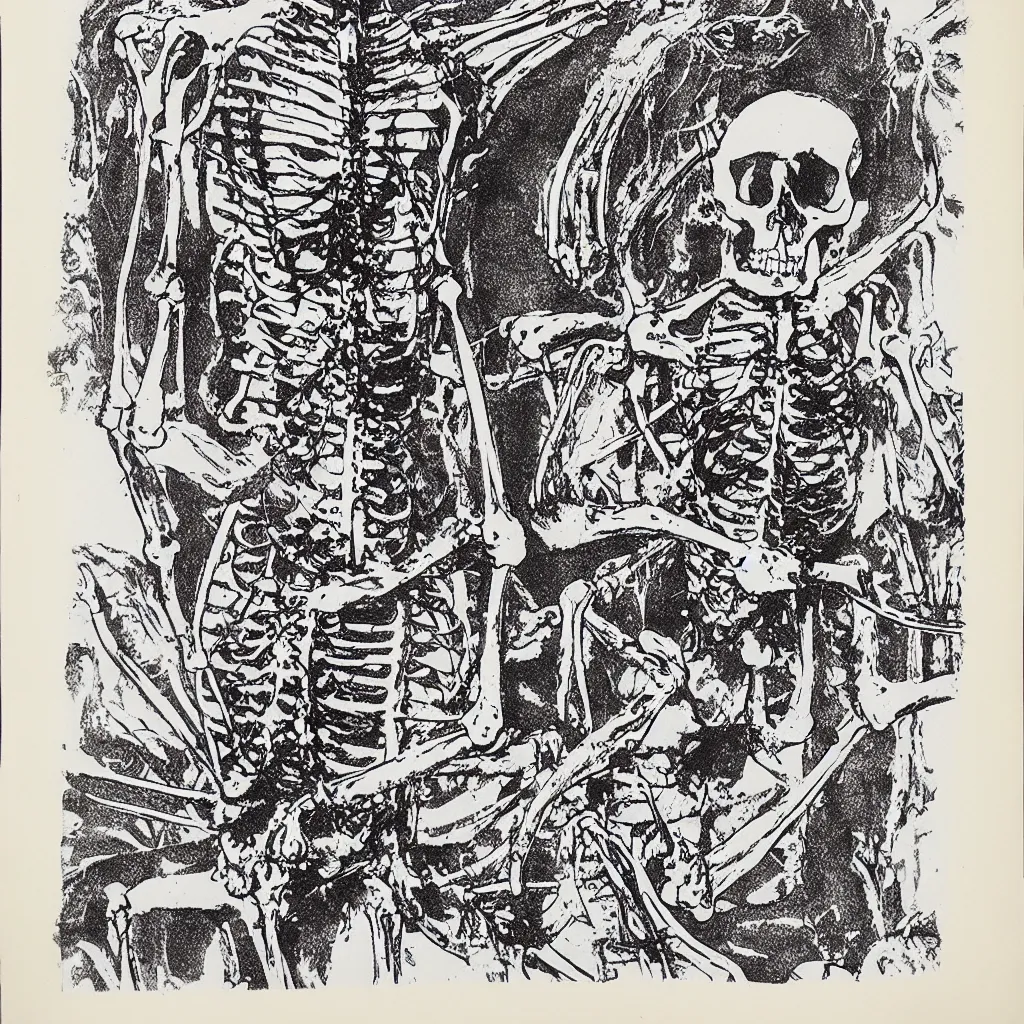 Image similar to vintage risograph of cartoon skeleton