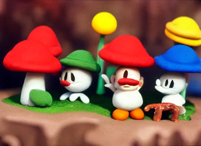 Image similar to still from a 1 9 8 5 live - action stop - motion puppetry tv show by tim burton starring the mario bros. and bowser and princess toadstool and toad and mario's enemies in dioramas of the mushroom kingdom. everything is made of plasticine, fabric, and physical materials. photographic ; cute ; highly - detailed.