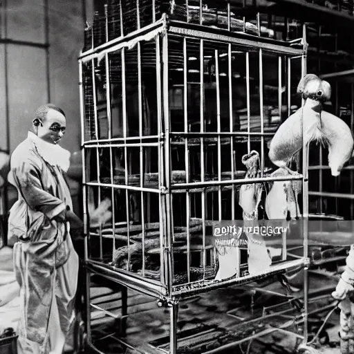 Prompt: scientists studying a creature locked in a cage in a warehouse, 1 9 2 0's sci - fi, black and white, 8 k, highly ornate intricate details, extreme detail,