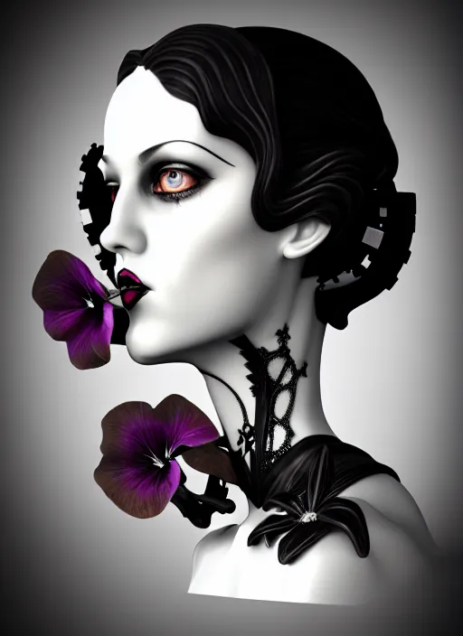 Image similar to 1 9 3 0 black and white gothic masterpiece profile face portrait, one steampunk eye biomechanical beautiful young female cyborg - vampire, body meshes, big monocular, volumetric light, hibiscus flowers, by hg giger, rim light, big gothic fashion pearl embroidered collar, 8 k