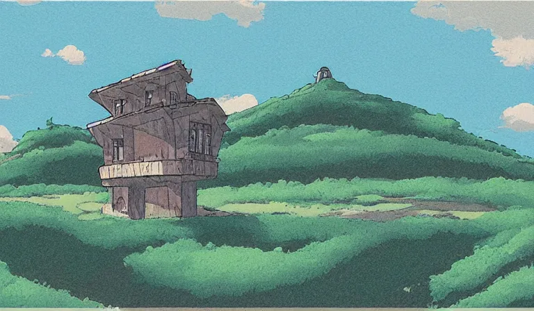 Prompt: a serene landscape with a singular building in the style of Studio Ghibli.