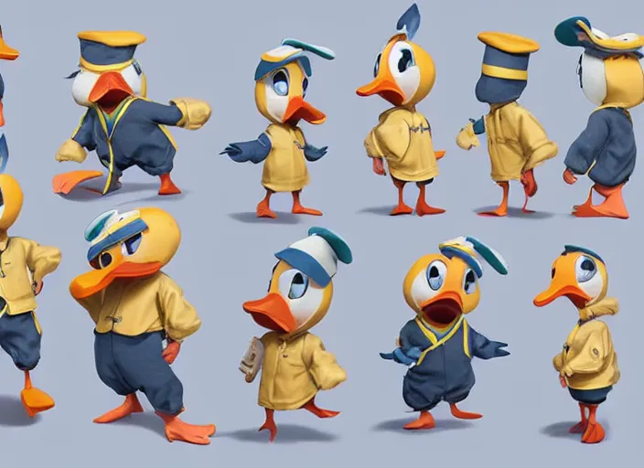 Prompt: award - winning detailed concept art of a cute iconic anthropomorphic duck character wearing a sailor suit. art by wlop on bcy. net, realistic. detailed feathers, art by cheng yi. artstationhd, artgerm, 3 dcg, pixar zootopia. 3 d rendering, high quality model sheet, donald. model sheet detailed