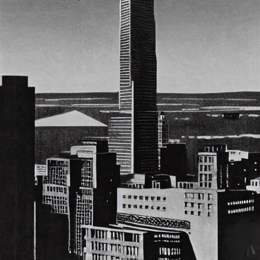 Image similar to albany skyline, godzilla attacking the corning tower, old movie