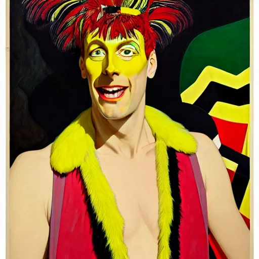 Image similar to art by joshua middleton, a close up portrait of the golden creeper, a tall manically smiling yellow - skinned man with green and black striped cycling shorts and wearing a long red and black striped ostrich feather boa, yellow makeup, mucha, kandinsky, poster, art deco motifs, comic art, stylised design, scarlet feather boa