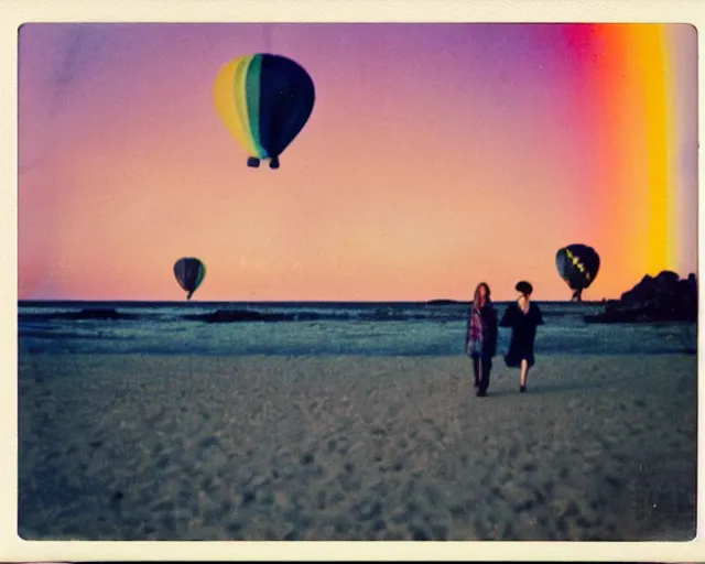 Prompt: a couple walks on the beach, multicolored hot air balloons floats over the beach at violet and yellow sunset, whimsical and psychedelic art style, 1 9 6 0 s, polaroid photo, grainy, expired film