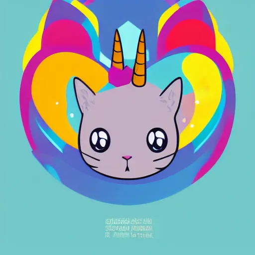 Image similar to a simplified vector based illustration about a very cuteunicorn cat, style of Akira motion movie, space colors, smooth and clean vector curves, no jagged lines, vinyl cut ready