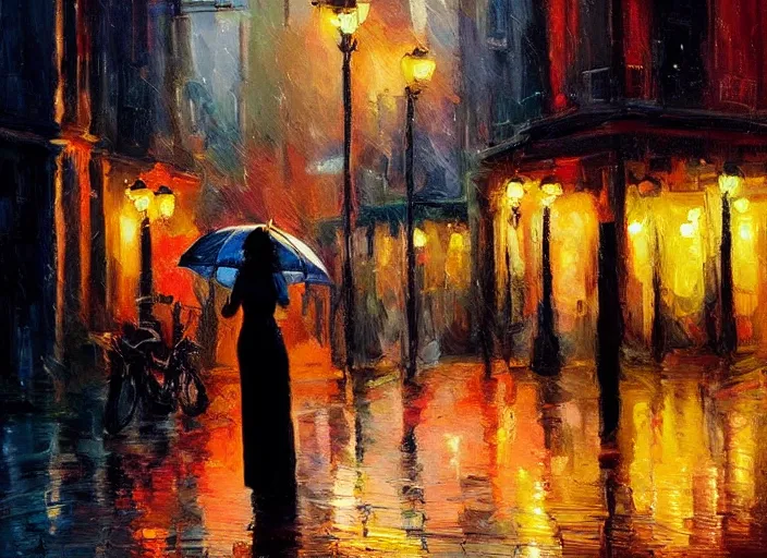 Prompt: evening city scene with height young woman holding an umbrella. beautiful use of light and shadow to create a sense of depth and movement. using energetic brushwork and a limited color palette, providing a distinctive look and expressive quality in a rhythmic composition