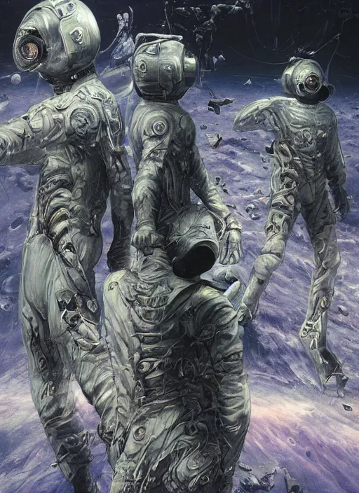 Image similar to astronauts in dark and empty void underwater - complex and hyperdetailed technical suit. reflection and dispersion materials. rays and dispersion of light. volumetric light. 5 0 mm, f / 3 2. noise film photo. flash photography. ultra realistic, wide angle. poster by wayne barlowe, hajime sorayama aaron horkey, craig mullins