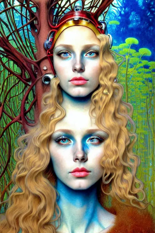 Image similar to realistic detailed face portrait painting of a beautiful woman with blond hair with sci-fi headwear, futuristic sci-fi forest on background by Jean Delville, Amano, Yves Tanguy, Alphonse Mucha, Edward Robert Hughes, Roger Dean, rich moody colours, blue eyes