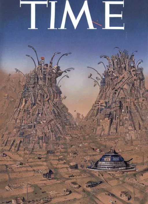 Prompt: TIME magazine cover, the coming AI singularity, by Luc Schuiten