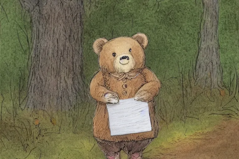 Image similar to a detailed children's book illustration by beatrix potter of a cute female bear child holding an envelope and standing in the woods. digital art, trending on artstation.