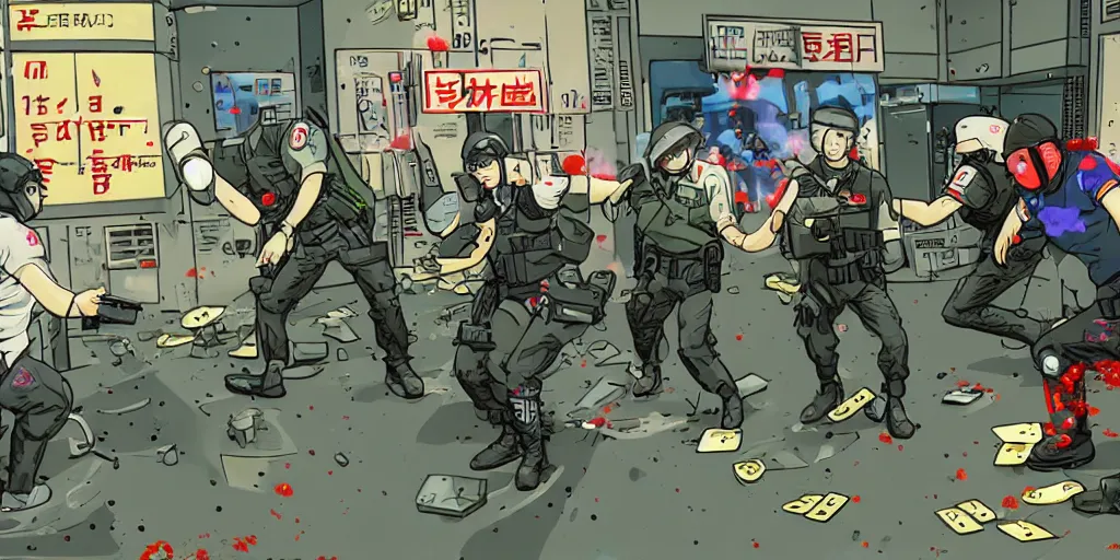 Prompt: 1992 Video Game Screenshot, Anime Neo-tokyo Cyborg bank robbers vs police, Set in Bank Vault Room, bags of money, Multiplayer set-piece :9, Police officers hit by bullets, Police Calling for back up, Bullet Holes and Blood Splatter, :6 ,Hostages, Smoke Grenades, Large Caliber Sniper Fire, Chaos, Cyberpunk, Money, Anime Bullet VFX, Machine Gun Fire, Violent Gun Action, Shootout, Escape From Tarkov, Payday 2, Highly Detailed, 8k :7 by Katsuhiro Otomo + Studio Gainax : 8