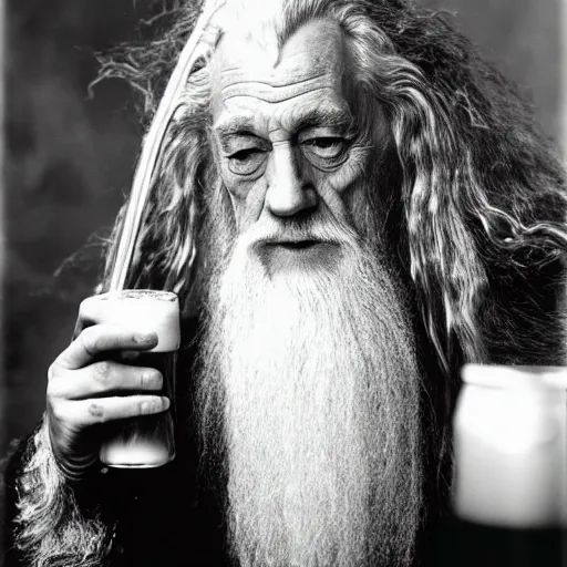 Prompt: photo portrait of gandalf drinking a beer, by annie leibovitz, sharp focus