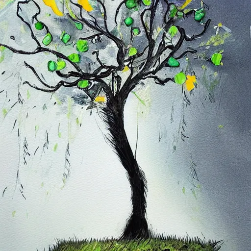 Image similar to a tree that grows around and protects a running girl, her tears feed the tree, painting, dark optimism