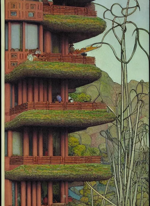 Image similar to a beautiful Frank Lloyd Wright painting of a serene neo-andean architecture with curly tall windows, spherical balconies, tiny human figures climbing, by Ivan Bilibin, geometric