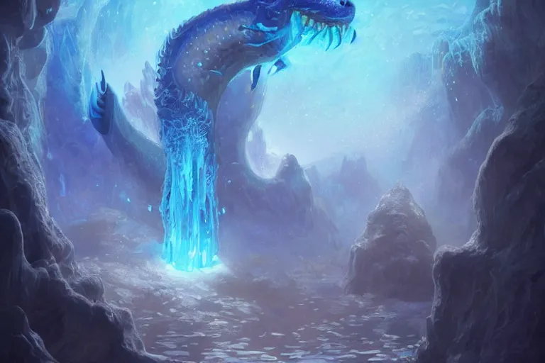 Prompt: blue - skinned naga encased in ice, underwater crystal caverns, concept art, beautiful blue lights, glowing crystals, d & d, fantasy, highly detailed, masterpiece, volumetric lighting, digital painting, artstation, smooth, sharp focus, illustration, art by artgerm, by greg rutkowski