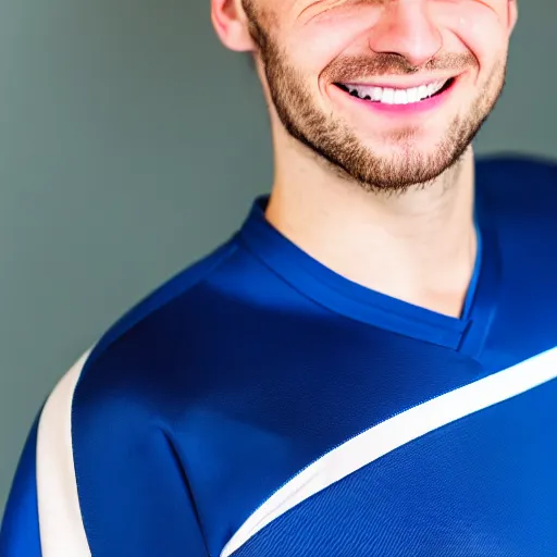 Image similar to a portrait of a young Caucasian man smiling with short brown hair that sticks up in the front, blue eyes, groomed eyebrows, tapered hairline, sharp jawline, wearing a volleyball jersey, sigma 85mm f/1.4, 15mm, 35mm, 4k, high resolution, 4k, 8k, hd, highly detailed, full color, Kodak Kodachrome Film