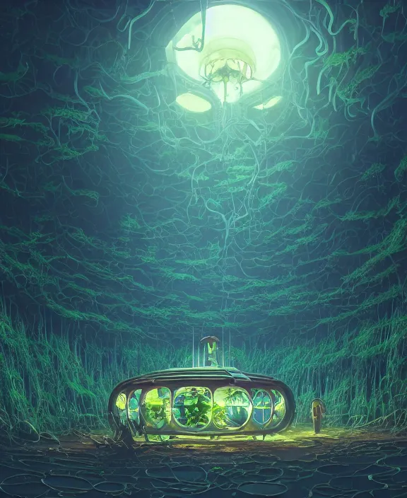 Image similar to simplicity, a simple church made out of exotic fungus, overgrown with weird smooth fungus and tendrils, spaceship, sci - fi, robots, somber, partly cloudy, by dan mumford, yusuke murata, makoto shinkai, ross tran, cinematic, unreal engine, cel shaded, featured on artstation, pixiv