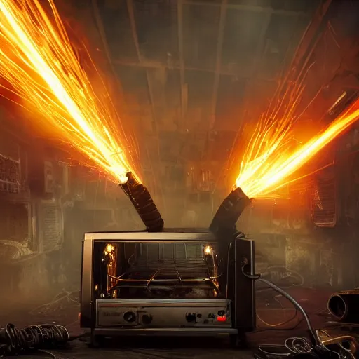 Image similar to overcharging toaster oven, tangles of metallic cables, dark messy smoke - filled cluttered workshop, dark, dramatic lighting, orange tint, sparks, plasma charges, cinematic, highly detailed, sci - fi, futuristic, movie still