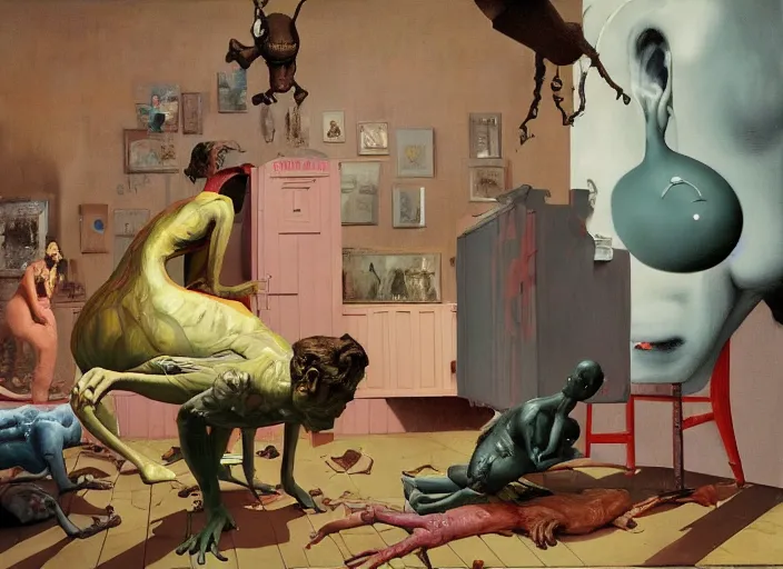 Prompt: a still from the film monsters inc by lucian freud and francis bacon, surreal, norman rockwell and james jean, greg hildebrandt, and mark brooks, triadic color scheme, by greg rutkowski, in the style of francis bacon and syd mead and edward hopper and norman rockwell and beksinski, dark surrealism, open ceiling