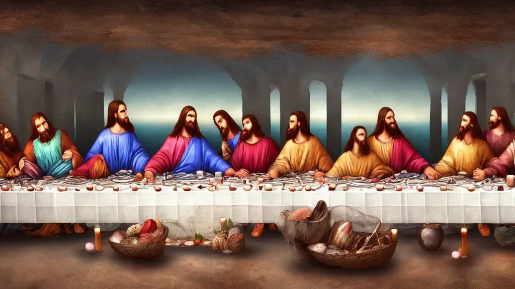 Prompt: beautiful last supper ” beautiful dreamscape, digital art, concept art, detailed, lovely colors, art station, 3 - d 4 k, beautiful background, matte painting,,