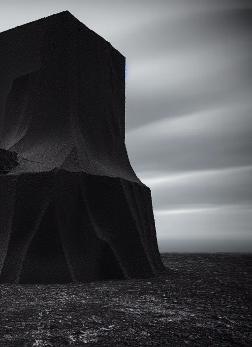 Image similar to tall black geometric house embedded in tall a lava cliff, full view, black house, molten metal house, minimal, rippled white landscape, dwarven architecture, light from molten iron, octane render, hyper realistic, 8 k, octane render