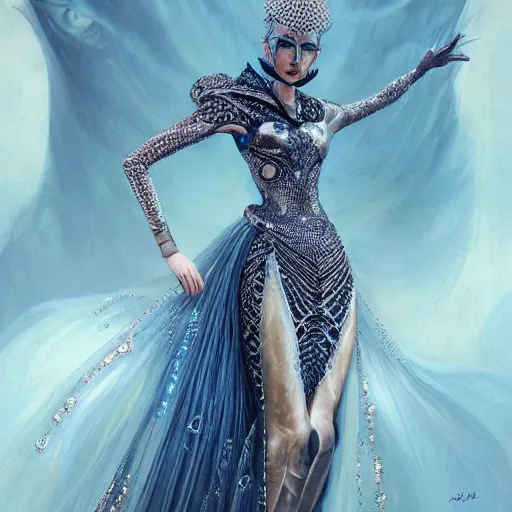 Prompt: a beautiful arabian woman wearing a futuristic dress by alexander mcqueen, thom browne, karol bak, ayami kojima, artgerm, arabian beauty, blue eyes, smile, futuristic, organic dress, pattern, concept art, fantasy