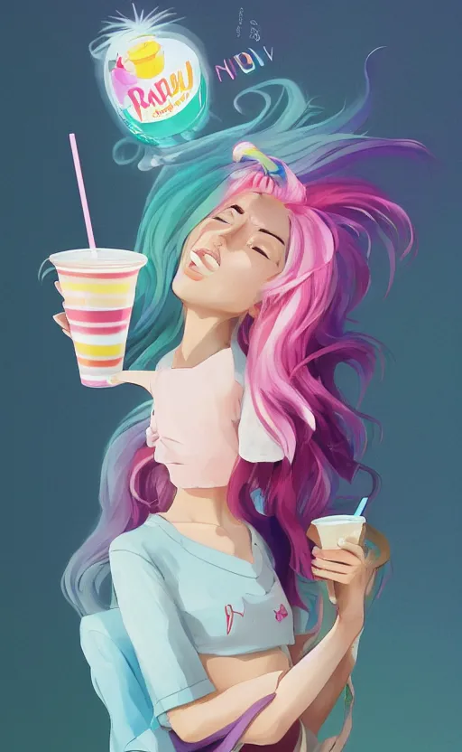 Image similar to a kawaii woman with rainbow hair, happy, summer time, holding boba tea drink, soft eyes and narrow chin, dainty figure, long hair straight down, kawaii shirt and jeans, basic white background, In style of by Jordan Grimmer and greg rutkowski, crisp lines and color