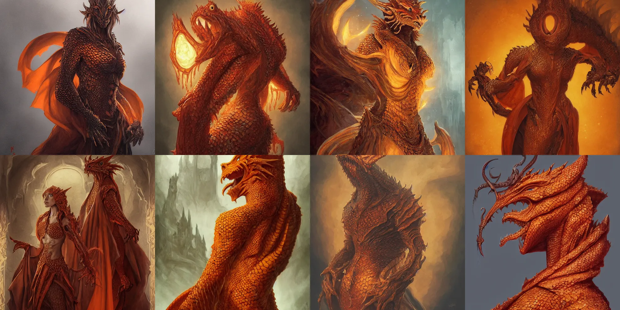 Prompt: “portrait of a scaly orange female humanoid dragon (human body with scales instead of skin and the head of a dragon) sorcerer wearing heavy robes and a hood, D&D character, highly detailed, digital fantasy character painted portrait, artstation, concept art, sharp focus, illustration, art by artgerm and greg rutkowski and alphonse mucha and craig mullins and James Jean and Andrei Riabovitchev and Marc Simonetti and peter mohrbacher”