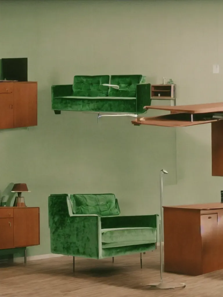 Image similar to a still of severance series ( 2 0 2 2 ) indoor 7 0 s green velvet and wood with metal furniture office scenario appearing in a film of jacques tati