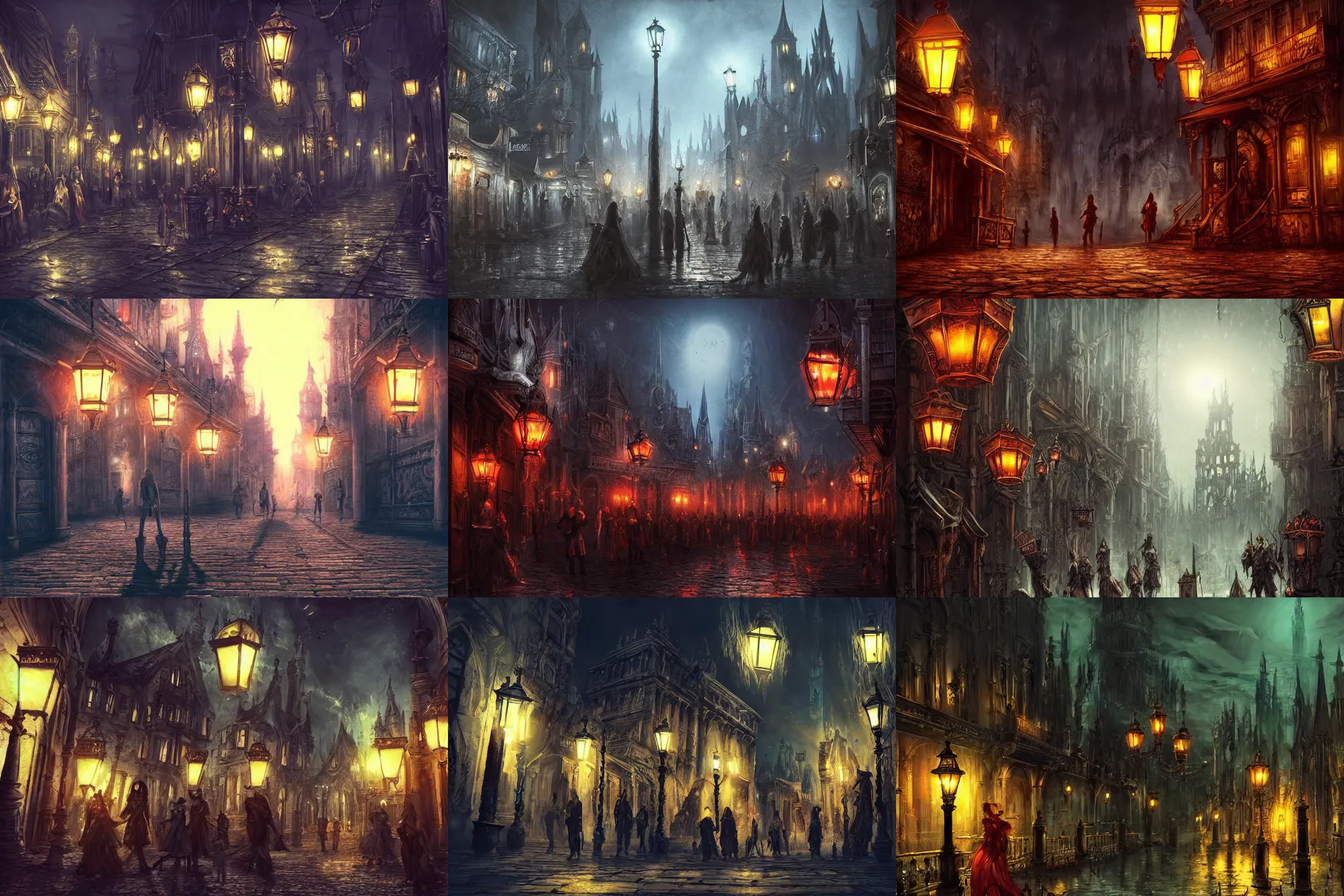 Prompt: style : dark fantasy. composition : long shot, waist level ; low angle. key words : digital art ; detailed ; 4 k. scenery : a gothic harbor city with blood on the streets. subject : none. details : at night ; lanterns in the streets.