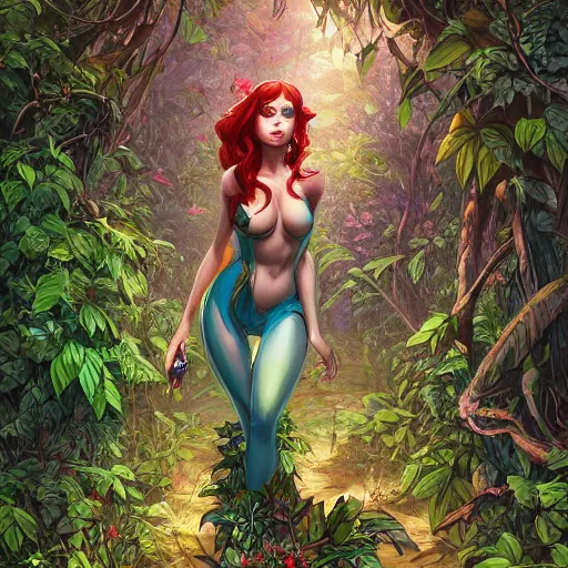 Prompt: a beautiful painting of poison ivy walking in the jungle, blooming jungle flowers, tall old growth trees, intricate, elegant, highly detailed, digital painting, artstation, concept art, matte, sharp focus, illustration, by dan mumford, yusuke murata, makoto shinkai, ross tran